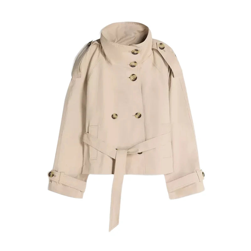Lace-Up Trench Coat - Women's Double-Breasted Stand Collar Outerwear