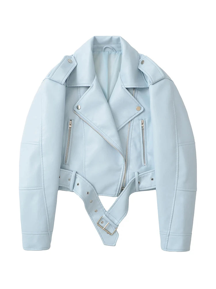 Faux Leather Biker Jacket with Belt - Women's Short Moto Coat