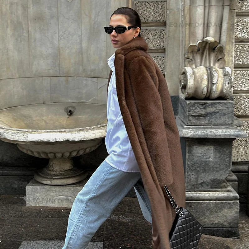 Luxury Faux Mink Fur Coat - Women's Long Warm Winter Overcoat