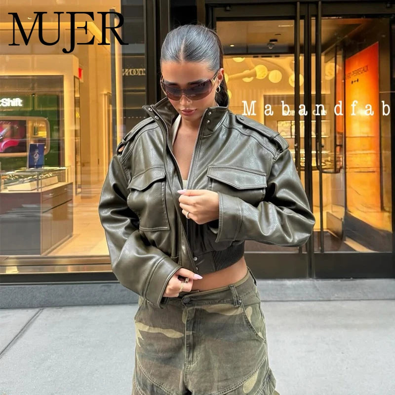 Faux Leather Cropped Bomber Jacket - Women's Zip-Up Overcoat