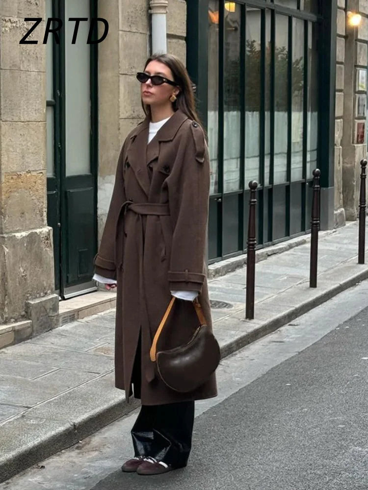 Belted Woolen Overcoat - Women's Double-Breasted Long Trench Coat
