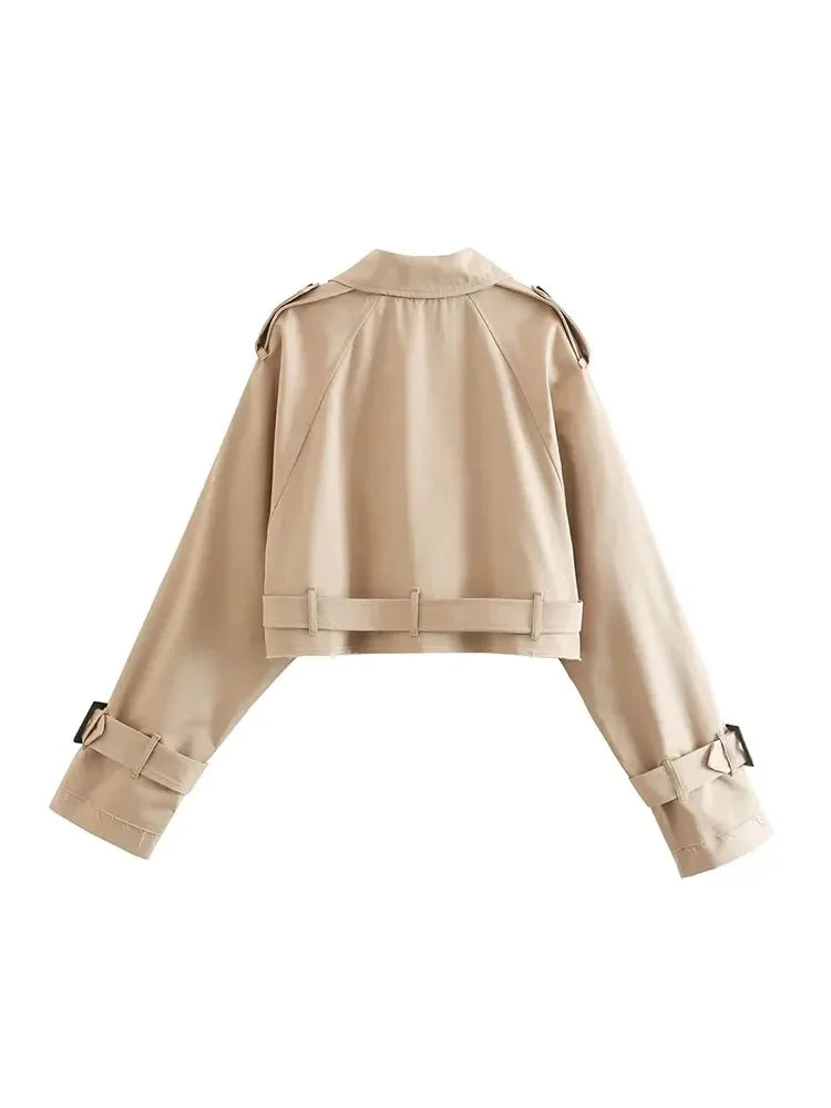 Belted Cropped Trench Jacket - Women's Vintage Double-Breasted Coat