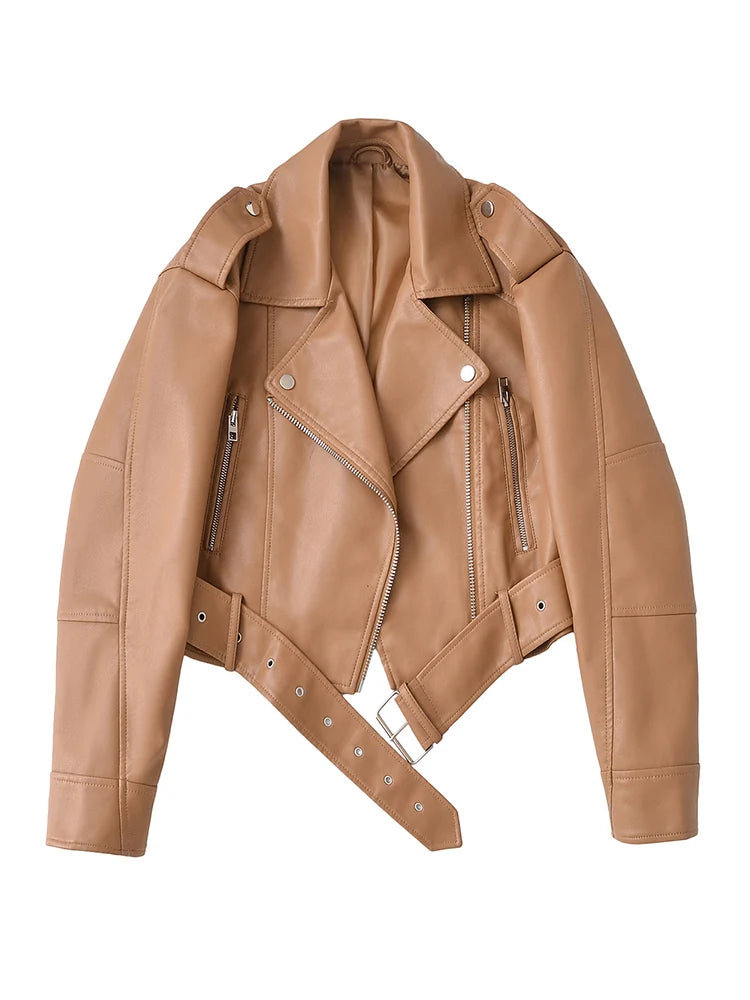 Faux Leather Biker Jacket with Belt - Women's Short Moto Coat