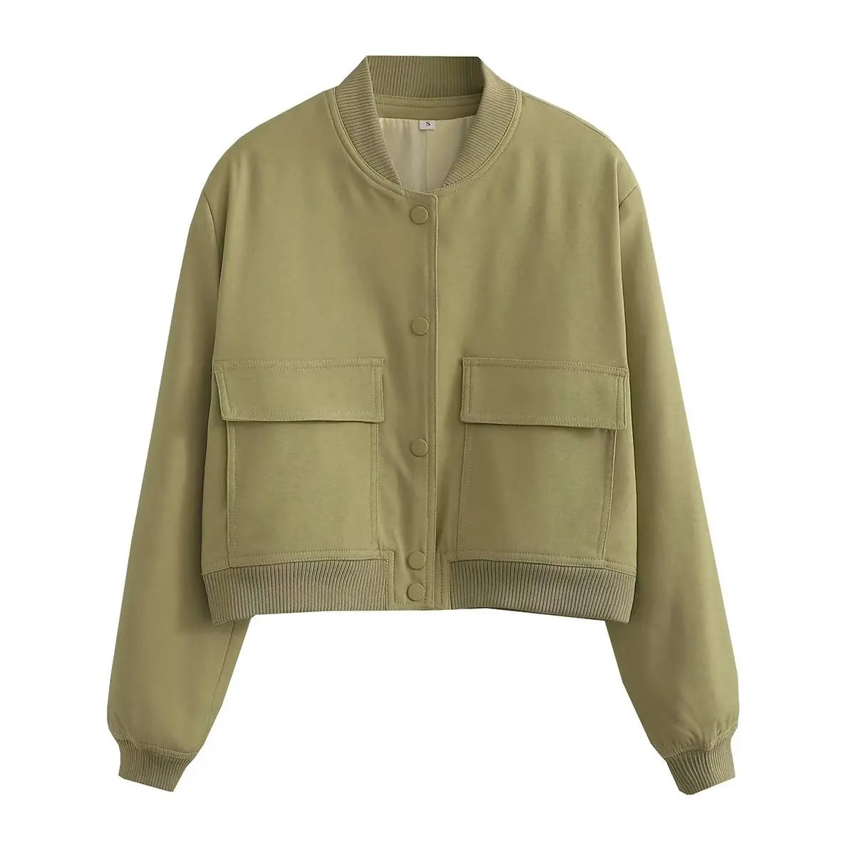 V-Neck Bomber Jacket with Pockets - Women's Single-Breasted Coat