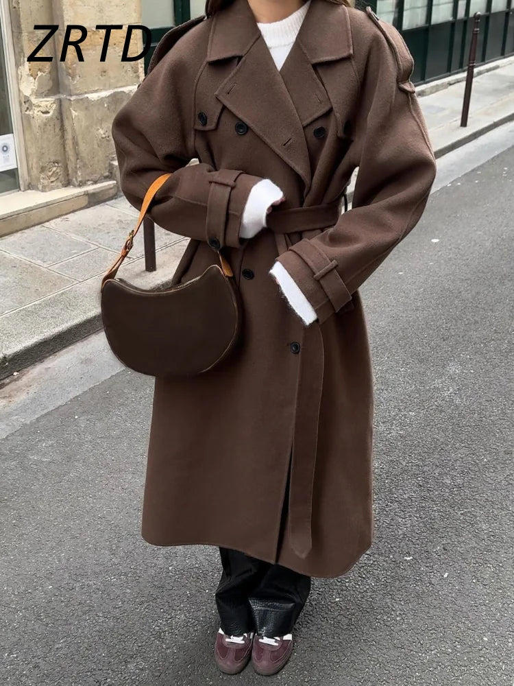 Belted Woolen Overcoat - Women's Double-Breasted Long Trench Coat