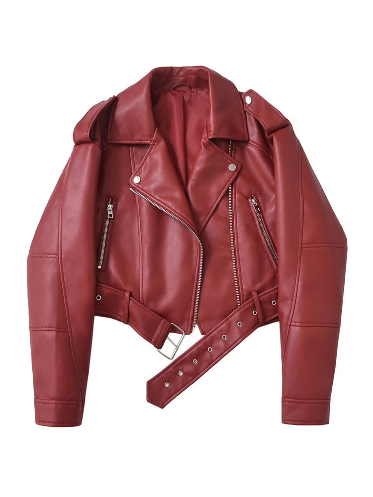 Faux Leather Biker Jacket with Belt - Women's Short Moto Coat