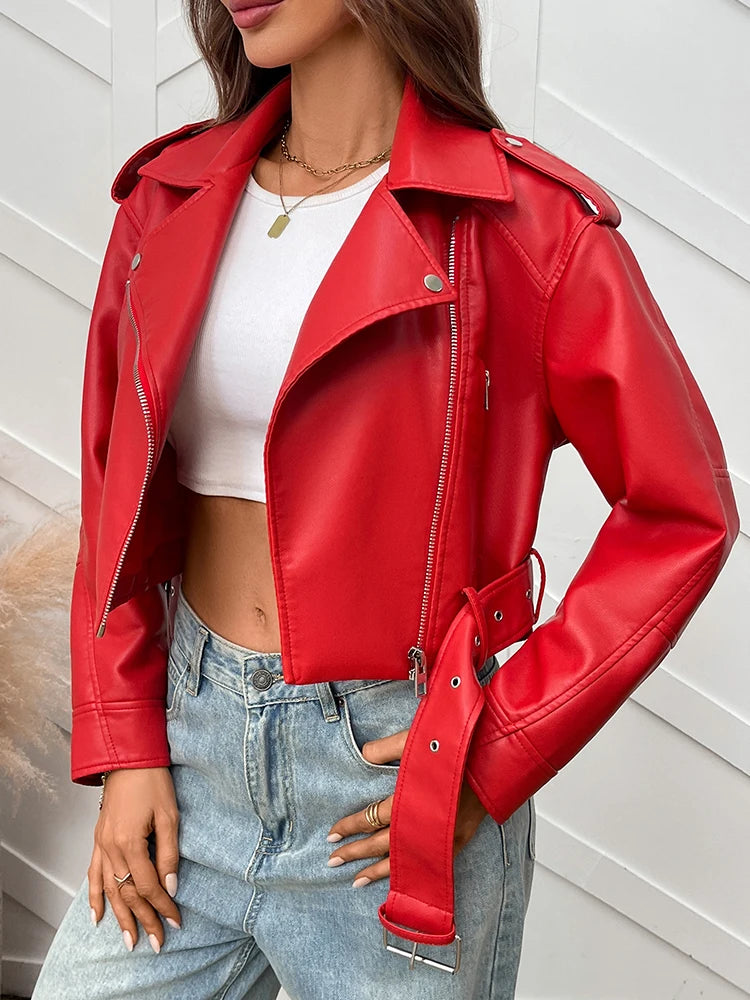 Faux Leather Biker Jacket with Belt - Women's Short Moto Coat