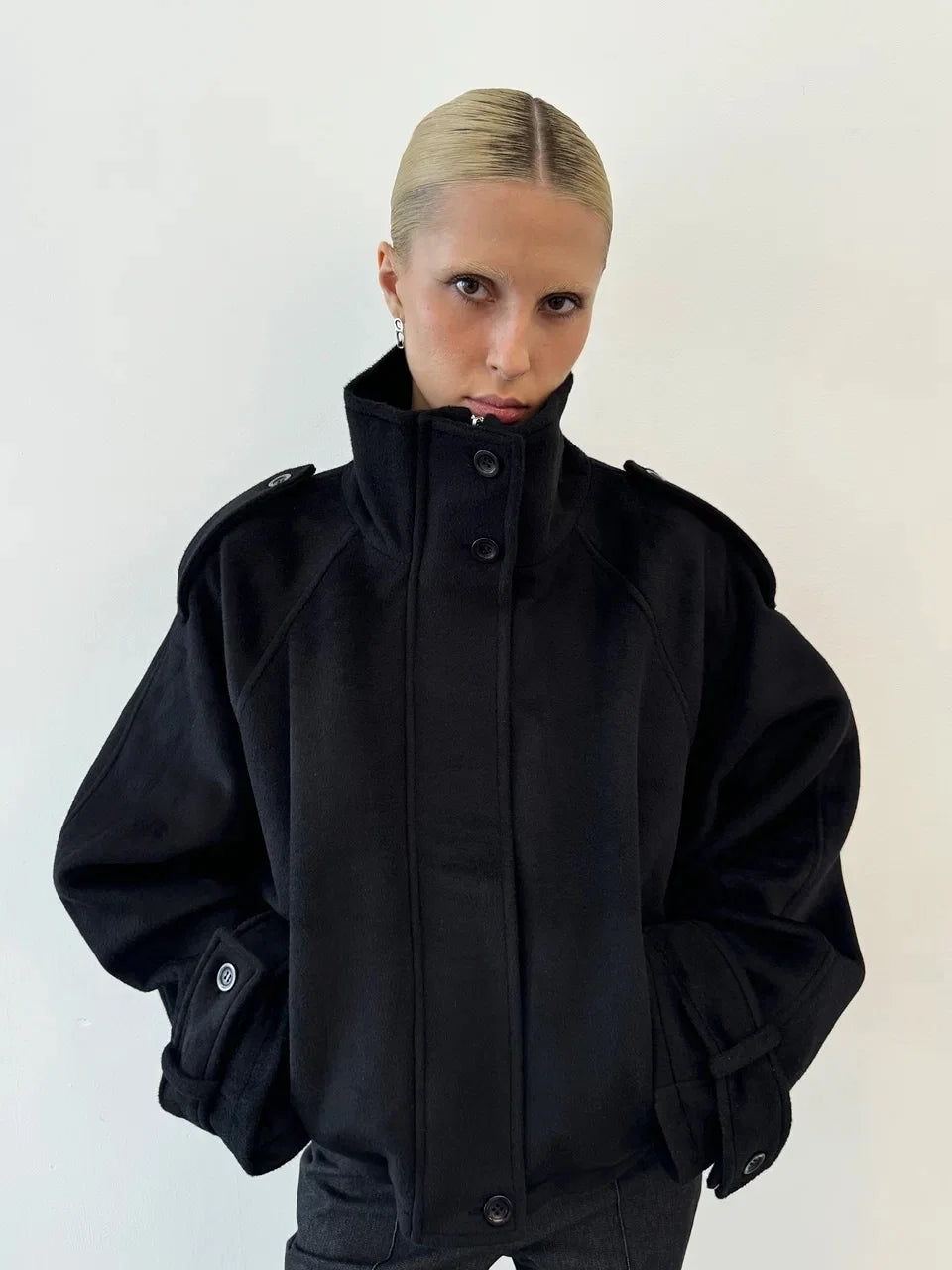 Stand Collar Woolen Coat - Women's Single-Breasted Loose Fit Short Coat