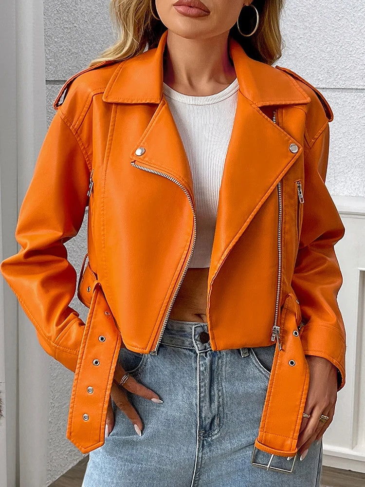 Faux Leather Biker Jacket with Belt - Women's Short Moto Coat