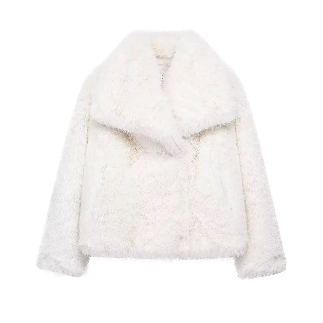 Cropped Faux Fur Jacket - Women's Thick Lapel Collar Coat