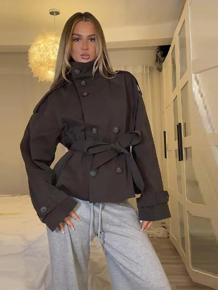 Lace-Up Trench Coat - Women's Double-Breasted Stand Collar Outerwear