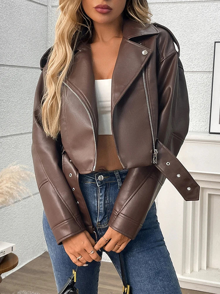 Faux Leather Biker Jacket with Belt - Women's Short Moto Coat