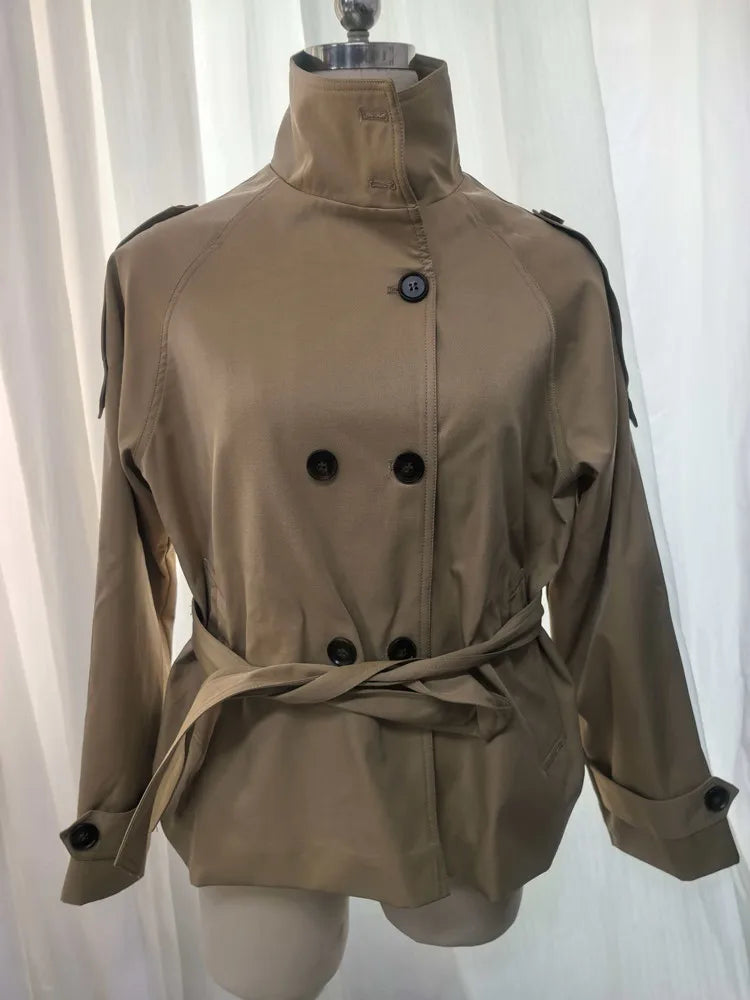 Belted Cropped Trench Jacket - Women's Double-Breasted Stand Collar Coat