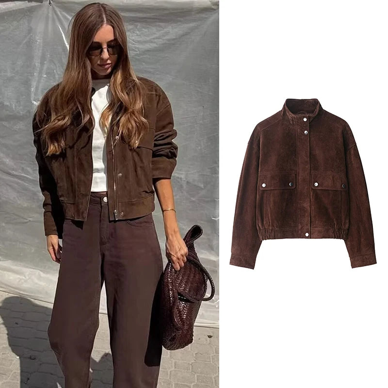 Slim Fit Jacket with Big Pockets - Women's Warm Autumn Coat