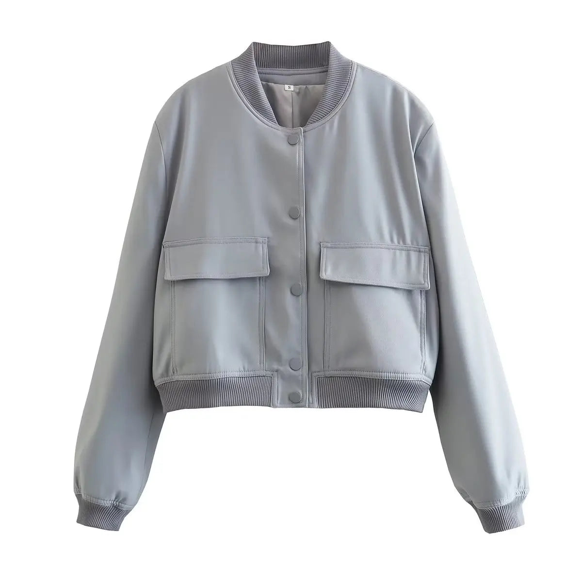 V-Neck Bomber Jacket with Pockets - Women's Single-Breasted Coat
