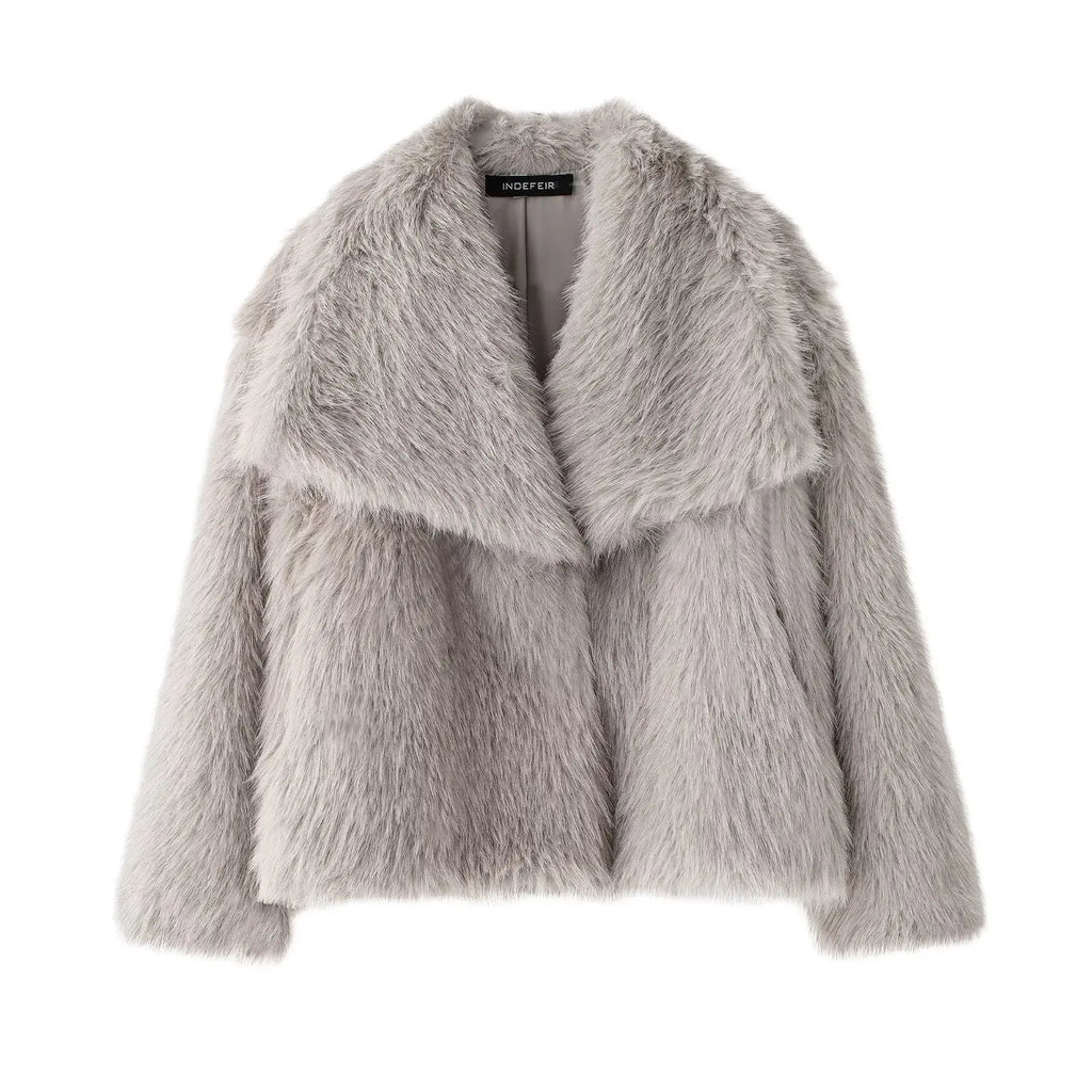 Cropped Faux Fur Jacket - Women's Thick Lapel Collar Coat