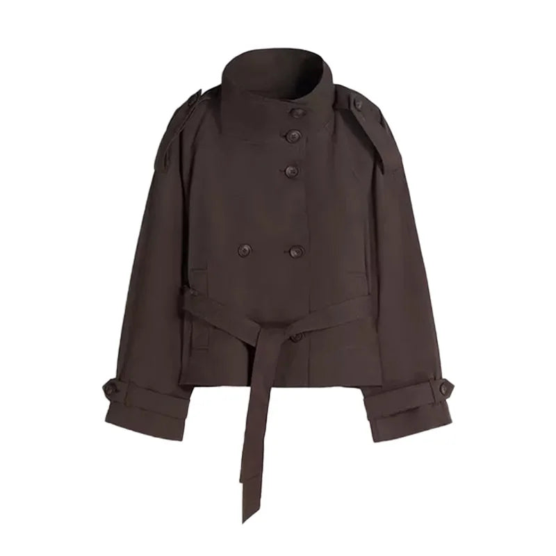 Lace-Up Trench Coat - Women's Double-Breasted Stand Collar Outerwear