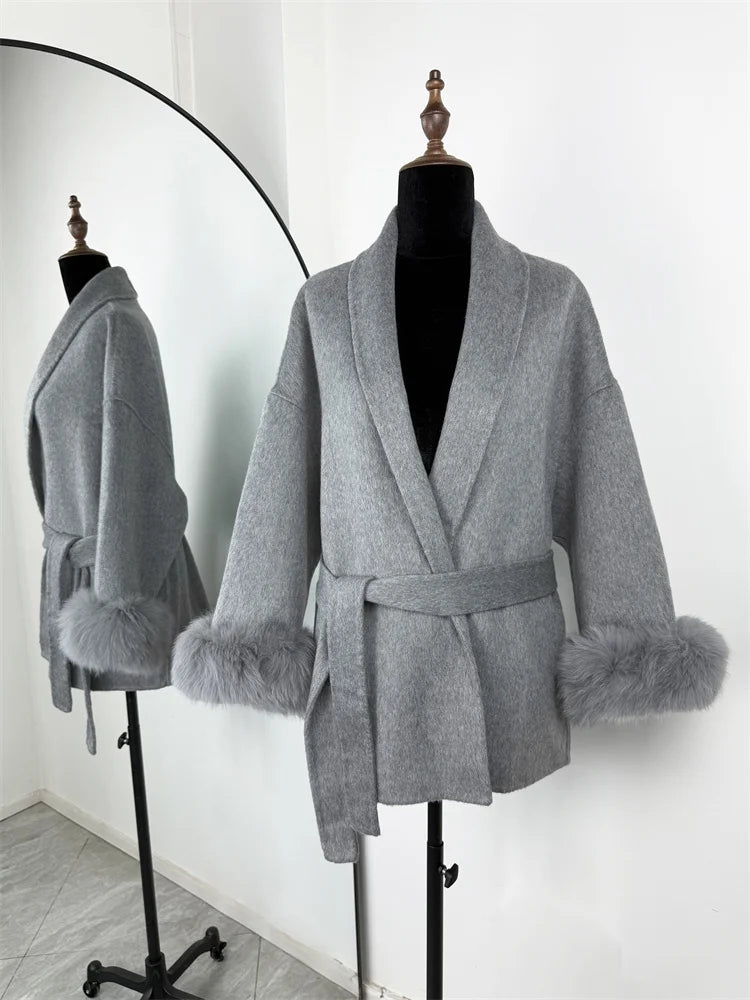 Fox Fur Trim Wool Overcoat - Women's Elegant Double-Sided Coat