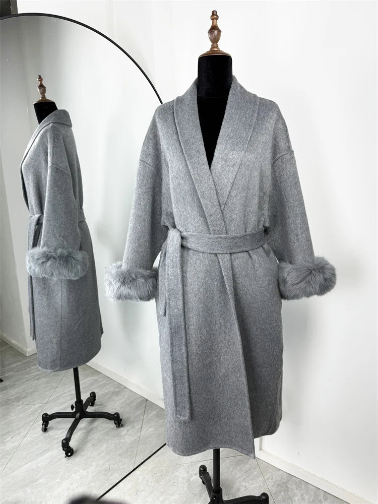 Fox Fur Trim Wool Overcoat - Women's Elegant Double-Sided Coat