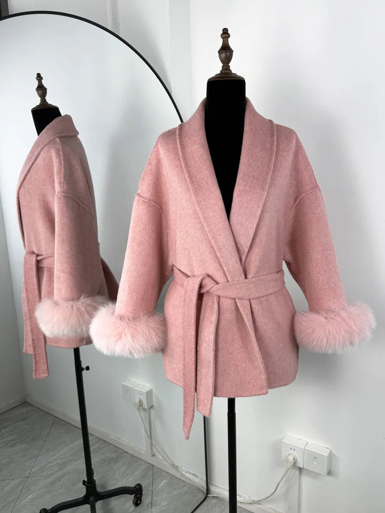 Fox Fur Trim Wool Overcoat - Women's Elegant Double-Sided Coat