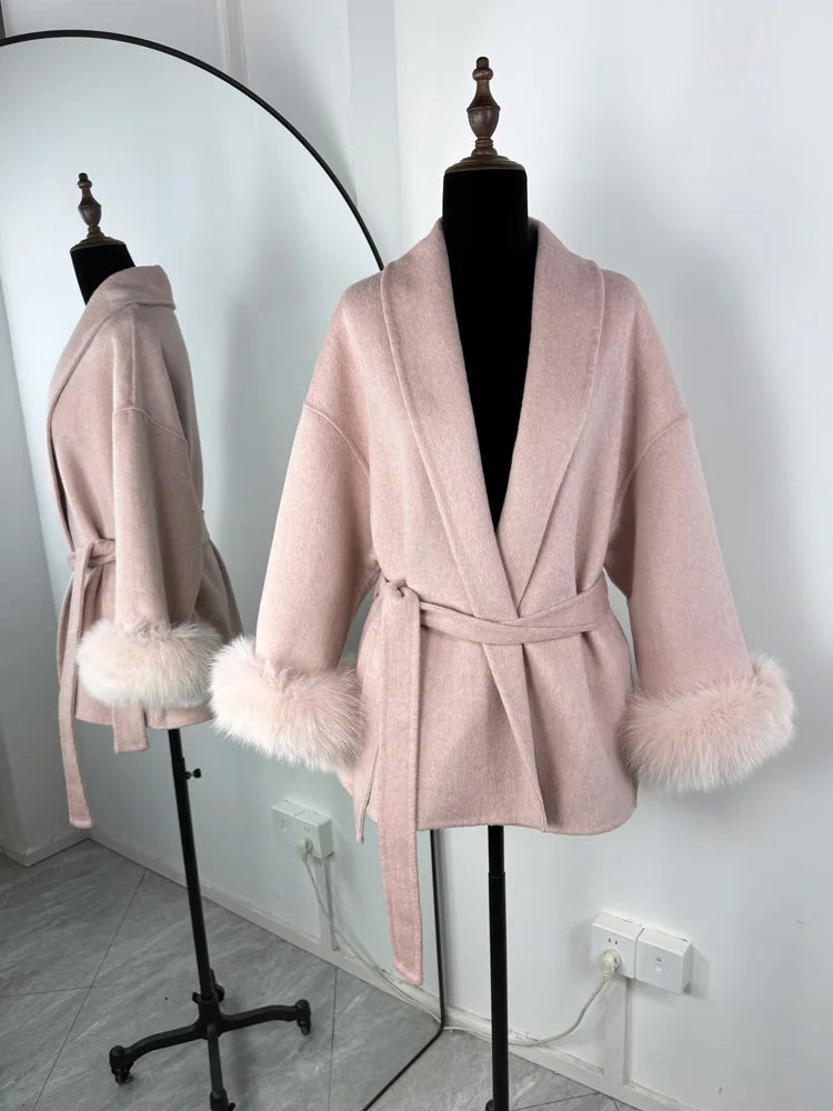 Fox Fur Trim Wool Overcoat - Women's Elegant Double-Sided Coat