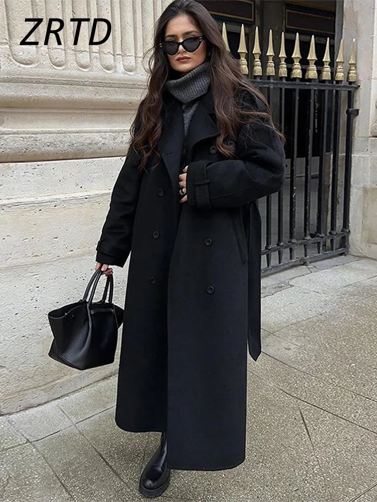 Belted Woolen Overcoat - Women's Double-Breasted Long Trench Coat