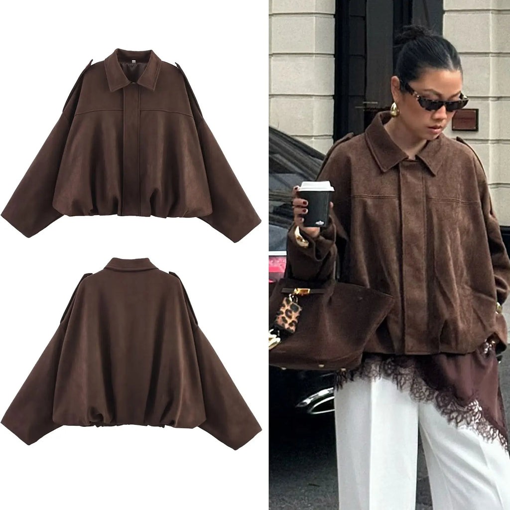 Suede-Texture Bat Sleeve Coat - Women's Loose Fit Lapel Jacket
