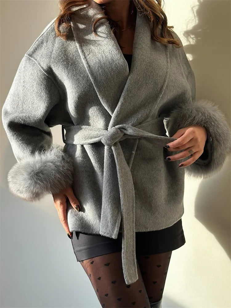 Fox Fur Trim Wool Overcoat - Women's Elegant Double-Sided Coat