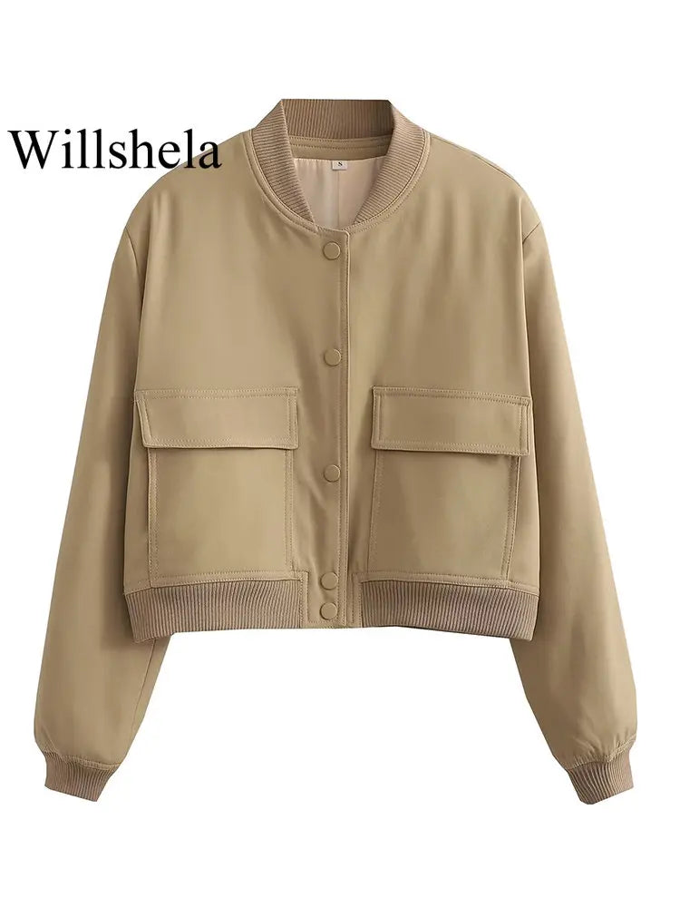 V-Neck Bomber Jacket with Pockets - Women's Single-Breasted Coat