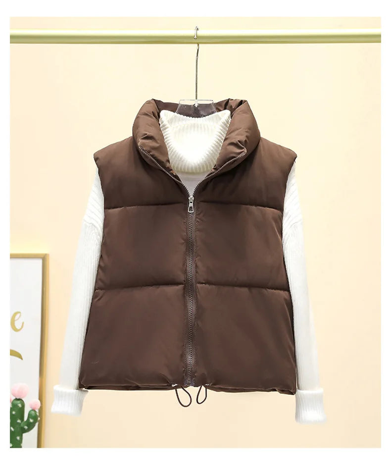 Quilted Down Vest with Stand Collar - Women's Cropped Winter Outerwear