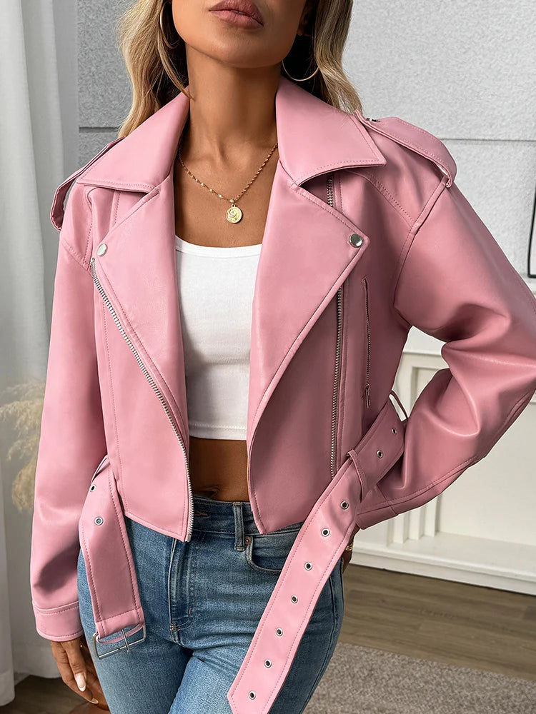 Faux Leather Biker Jacket with Belt - Women's Short Moto Coat