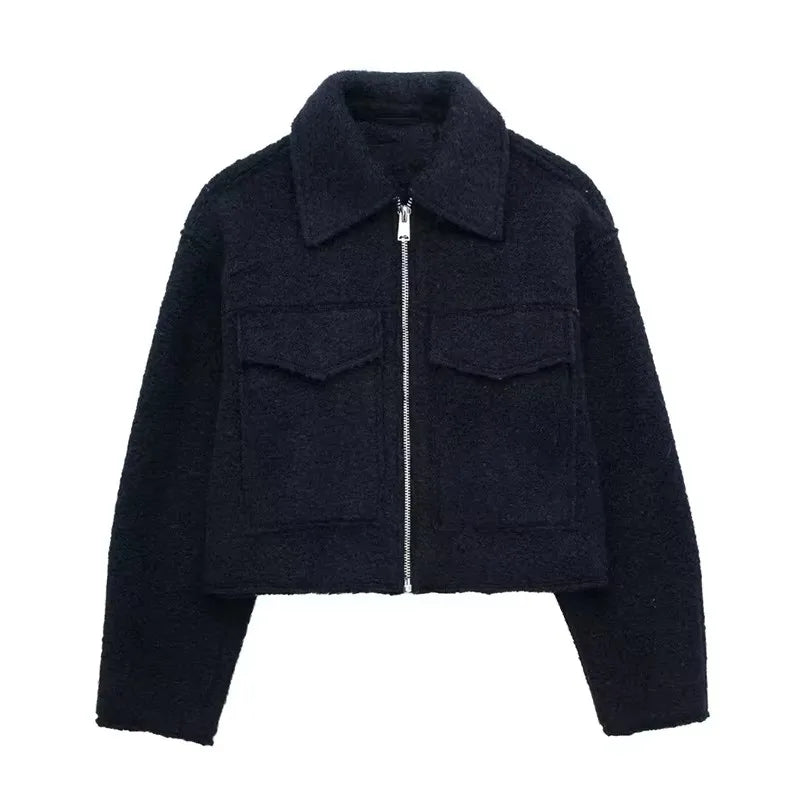 Front Zip Lapel Jacket - Women's Vintage Chic Coat with Pockets