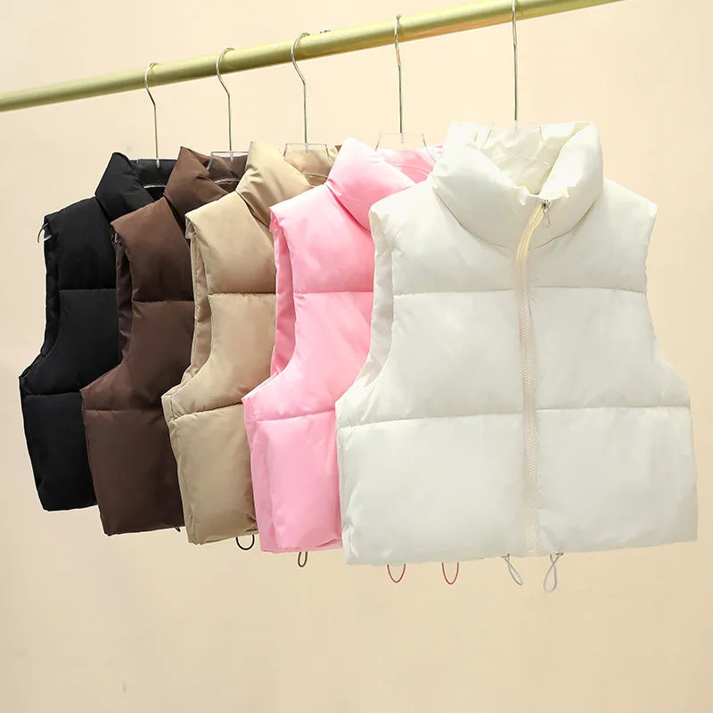 Quilted Down Vest with Stand Collar - Women's Cropped Winter Outerwear
