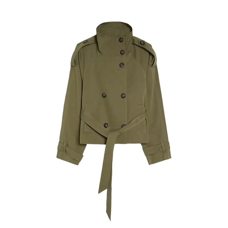 Lace-Up Trench Coat - Women's Double-Breasted Stand Collar Outerwear