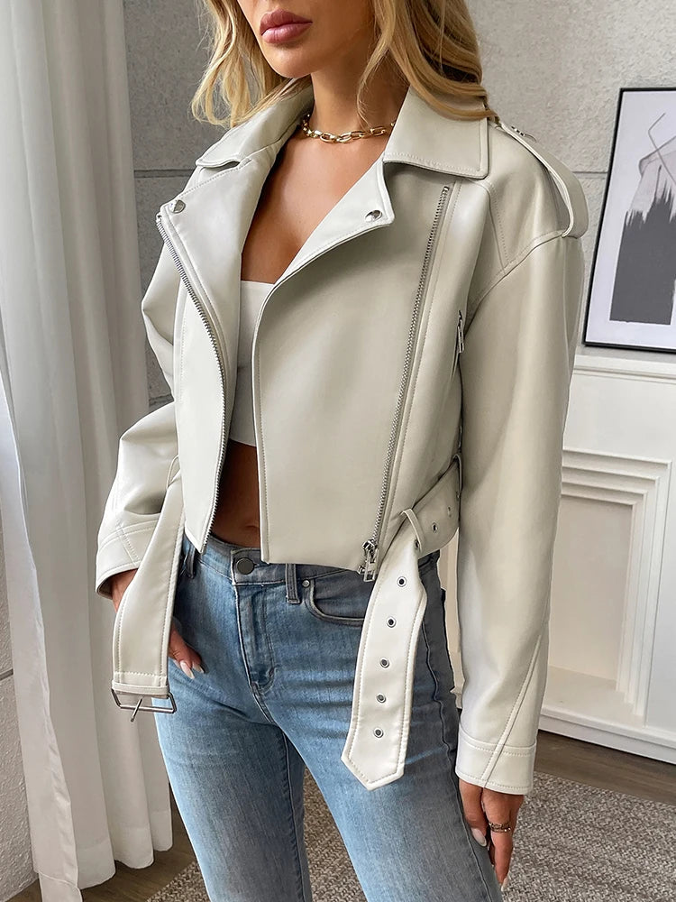 Faux Leather Biker Jacket with Belt - Women's Short Moto Coat