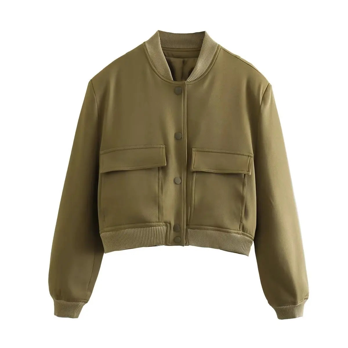 V-Neck Bomber Jacket with Pockets - Women's Single-Breasted Coat