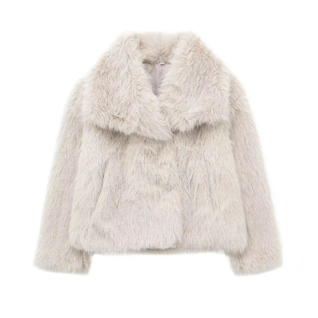 Cropped Faux Fur Jacket - Women's Thick Lapel Collar Coat