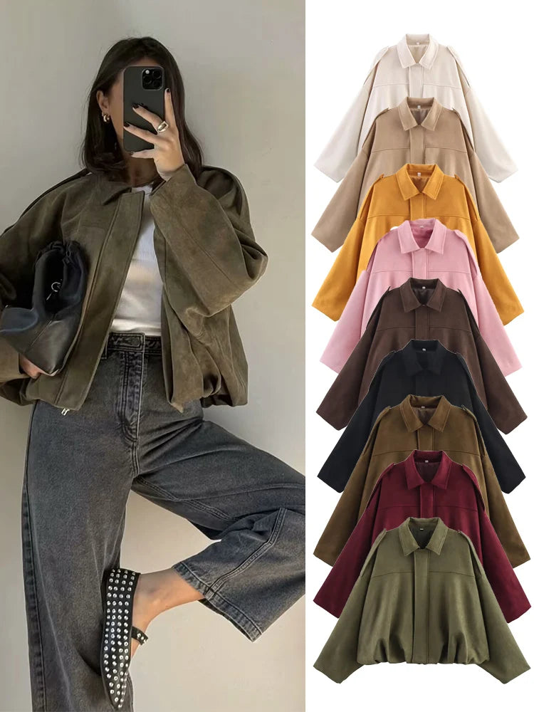 Oversized Suede Bomber Jacket - Women's Zip-Up Streetwear Coat