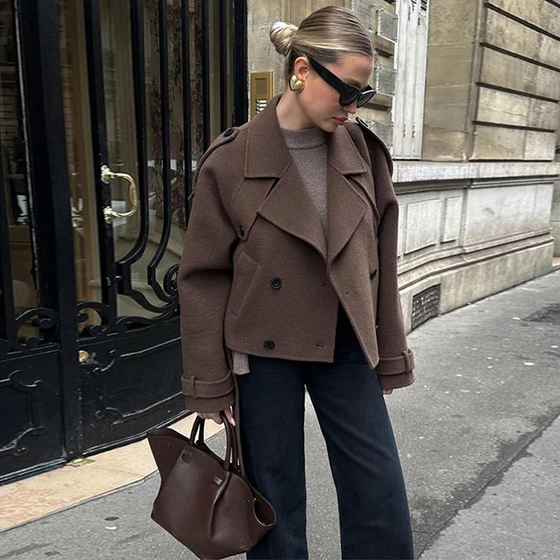 Belted Woolen Overcoat - Women's Double-Breasted Long Trench Coat