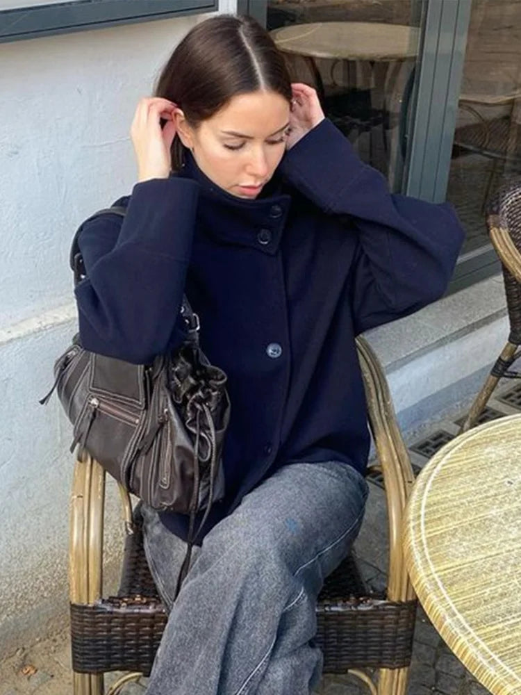 Stand Collar Woolen Coat - Women's Single-Breasted Loose Fit Short Coat