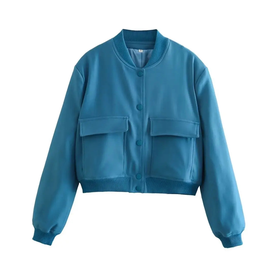 V-Neck Bomber Jacket with Pockets - Women's Single-Breasted Coat