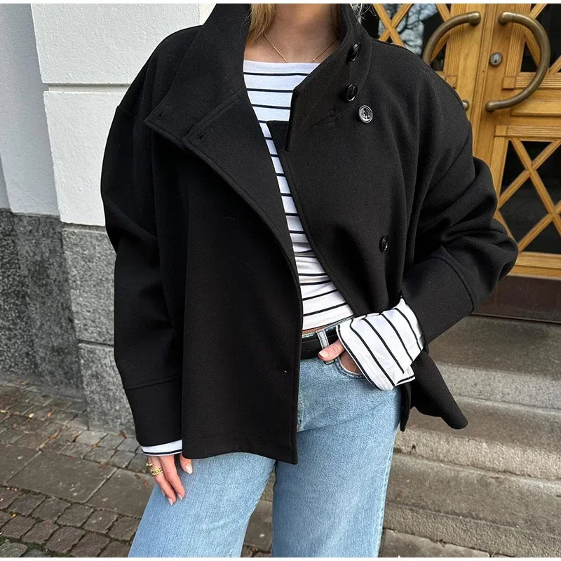 Stand Collar Woolen Coat - Women's Single-Breasted Loose Fit Short Coat