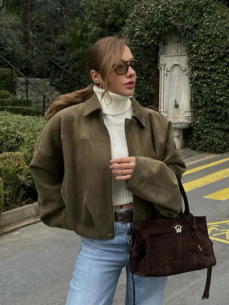 Suede-Texture Bat Sleeve Coat - Women's Loose Fit Lapel Jacket