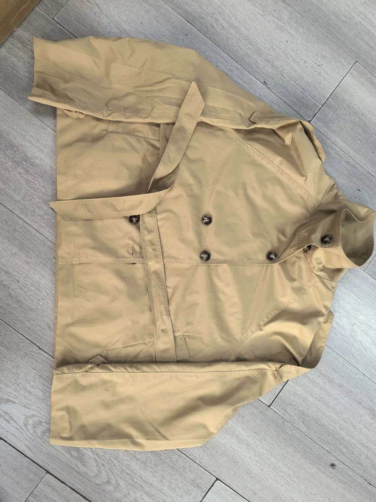 Belted Cropped Trench Jacket - Women's Double-Breasted Stand Collar Coat