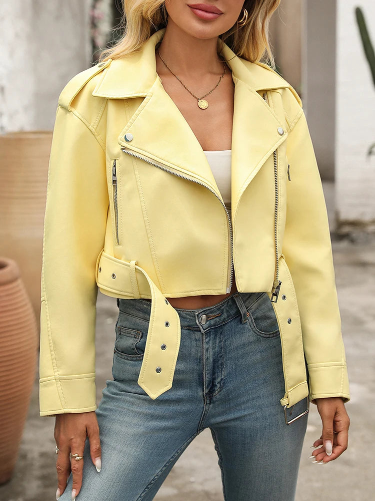 Faux Leather Biker Jacket with Belt - Women's Short Moto Coat
