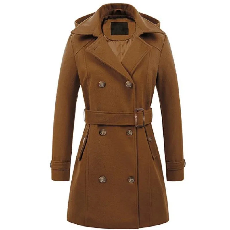 Hooded Woolen Overcoat - Women's Mid-Length Double-Breasted Winter Jacket