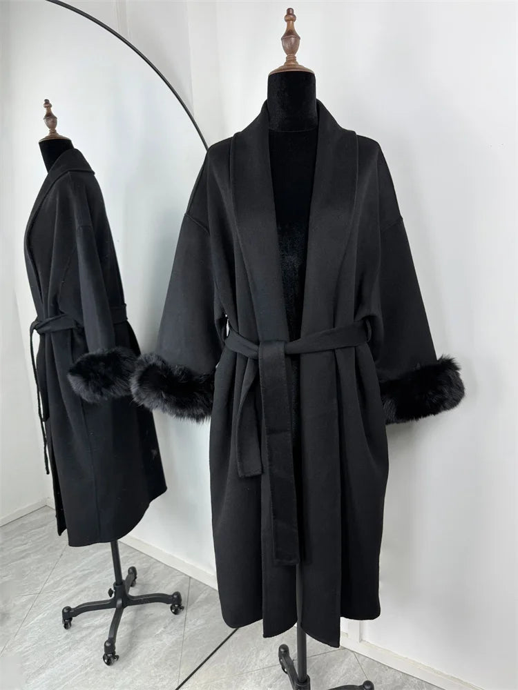 Fox Fur Trim Wool Overcoat - Women's Elegant Double-Sided Coat