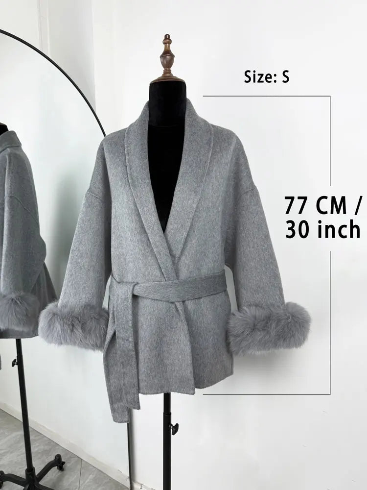 Fox Fur Trim Wool Overcoat - Women's Elegant Double-Sided Coat