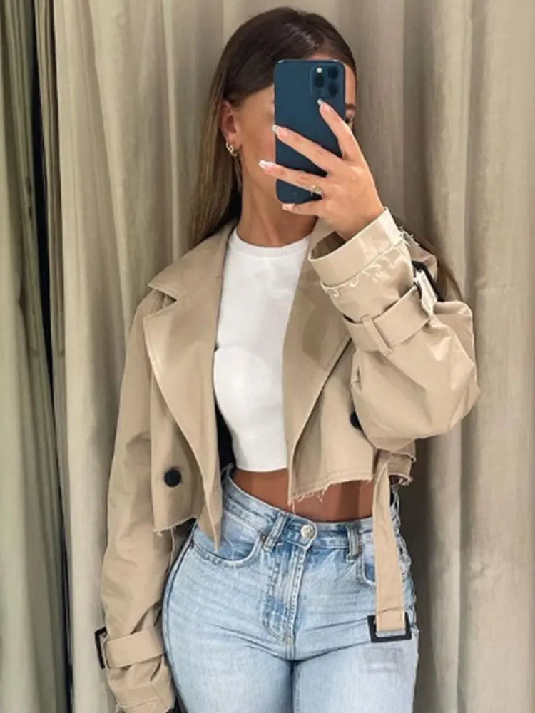 Belted Cropped Trench Jacket - Women's Vintage Double-Breasted Coat