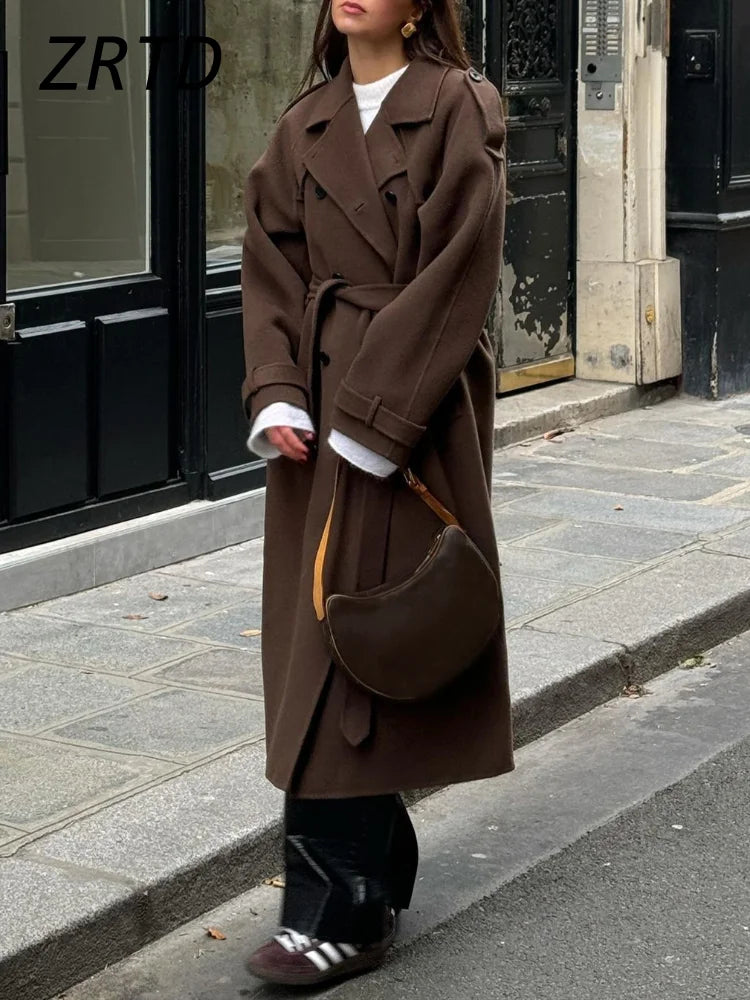 Belted Woolen Overcoat - Women's Double-Breasted Long Trench Coat